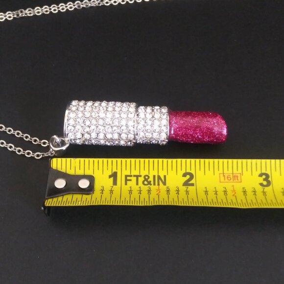 Betsey Johnson Pink Lipstick Bling Silver Metal Link Pendant Chain - Picture 4 of 5
